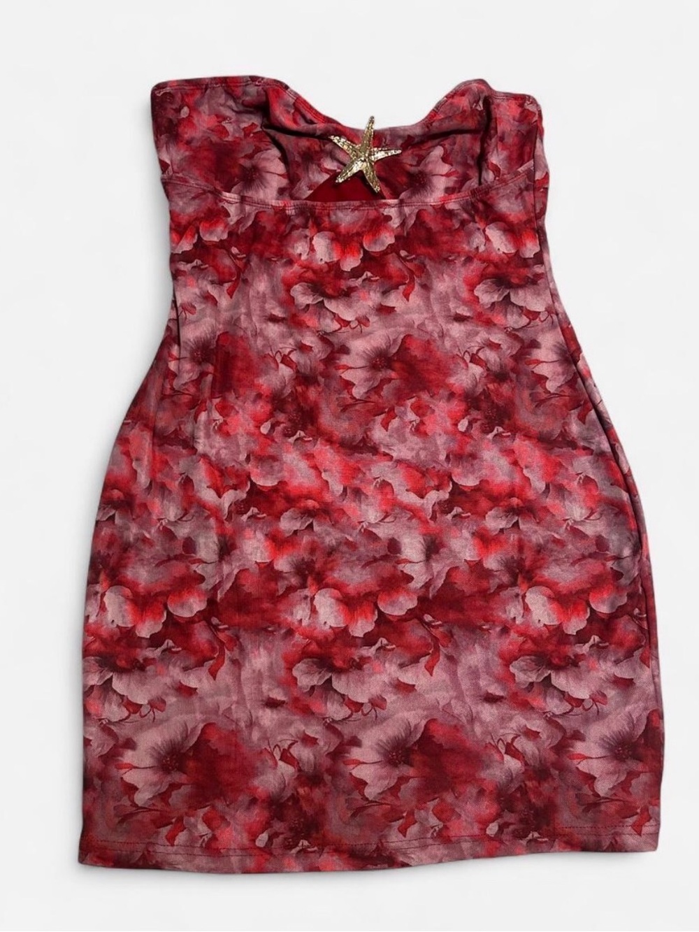 Strapless Red Watercolor Floral mini Dress with Star Accent